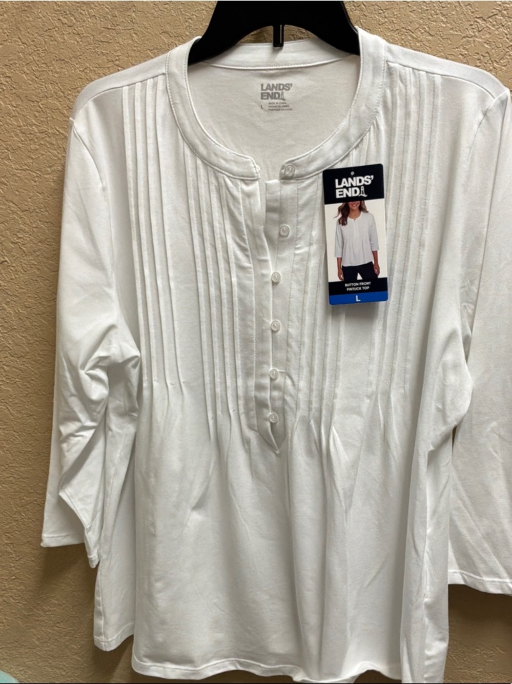 Lands' End White Pintuck Henley Top